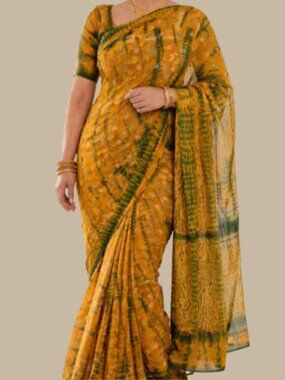 Orange Green Mustard Yellow Shibori Tie Dye Saree Indian wedding haldi kutch